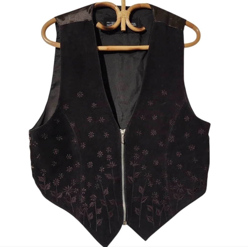 VINTAGE AJ 60s/70s Brown Leather Wildflower Zip Vest | Western Boho Hippie L - Picture 3 of 10